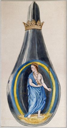A queen dressed in blue, representing mercury, in a crowned alchemical flask, 1900-1909. Creator: Edith Annie Ibbs