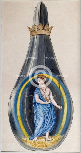 A queen dressed in blue, representing mercury, in a crowned alchemical flask, 1900-1909. Creator: Edith Annie Ibbs.