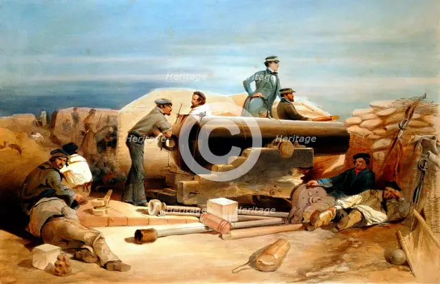 'A Quiet Day in the Diamond Battery - portrait of a Lancaster 68-pounder', Crimean War 1855-1856. Artist: William Simpson