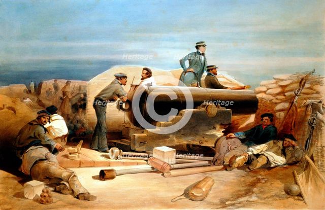 'A Quiet Day in the Diamond Battery - portrait of a Lancaster 68-pounder', Crimean War 1855-1856. Artist: William Simpson