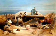 A Quiet Day in the Diamond Battery - portrait of a Lancaster 68-pounder Crimean War 1855-1856. Artist: William Simpson