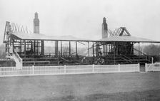A racecourse stand wrecked by suffragettes in 1913. Creator: Unknown