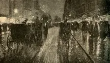 A Rainy Night. - Street lighted by Electricity 1882. Creator: Unknown