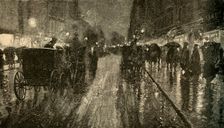 A Rainy Night. - Street lighted by Electricity 1882. Creator: Unknown