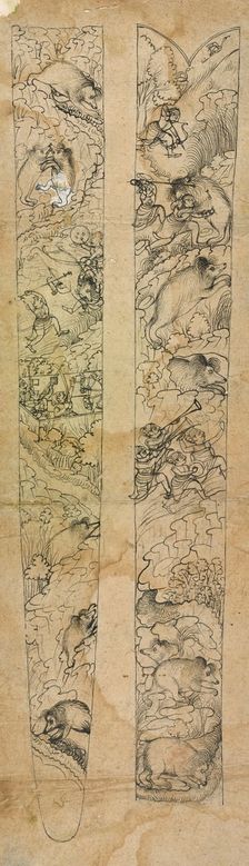 A raja hunting wild boars, design for a scabbard, ca. 1750-1760. Creator: Shevdar Gangeyagi