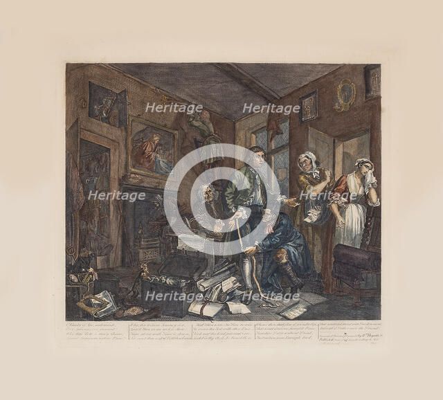 A Rake's Progress, Plate 1: The Young Heir Takes Possession Of The Miser's Effects, ca 1735. Creator: Hogarth, William (1697-1764).