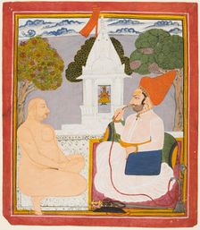 A Rathor Noble Visiting a Digambara holy man at a Vishnu Shrine, probably Baba Atmaram, c. 1760. Creator: Unknown
