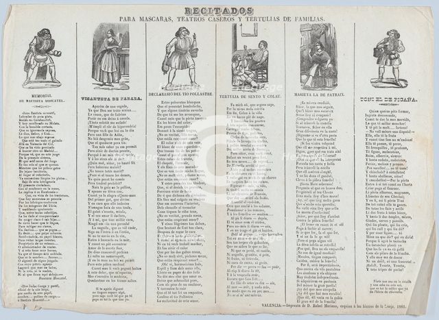 A recital sheet featuring different characters for use at social gatherings, 1861. Creator: Rafael Mariana.