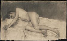 A reclining female nude, around 1892. Creator: Jozef Hanula