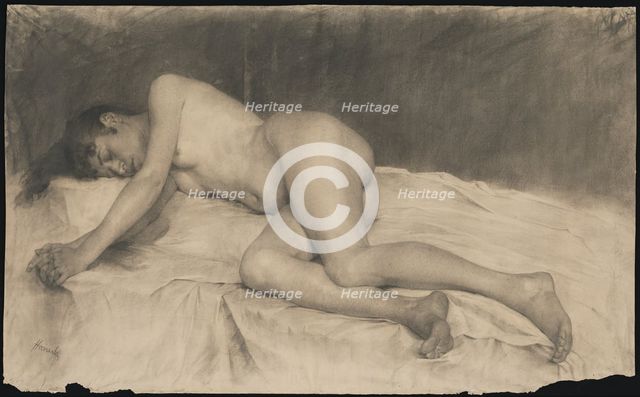 A reclining female nude, around 1892. Creator: Jozef Hanula.