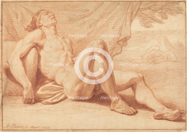 A Reclining Male Nude, 1723. Creators: Bernard Picart, Nicolas Boileau Despreaux.