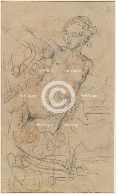 A Reclining Nude with Her Right Arm Raised over a Swift Composition Study [verso], c. 1763. Creator: Jean-Baptiste Deshays.