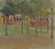 A red building between the trees. Creator: Maria Wiik