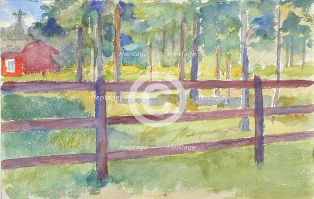 A red building in the woods behind the fence. Creator: Maria Wiik.