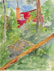 A red building on a cliff between trees. Creator: Maria Wiik