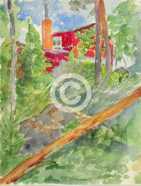 A red building on a cliff between trees. Creator: Maria Wiik.
