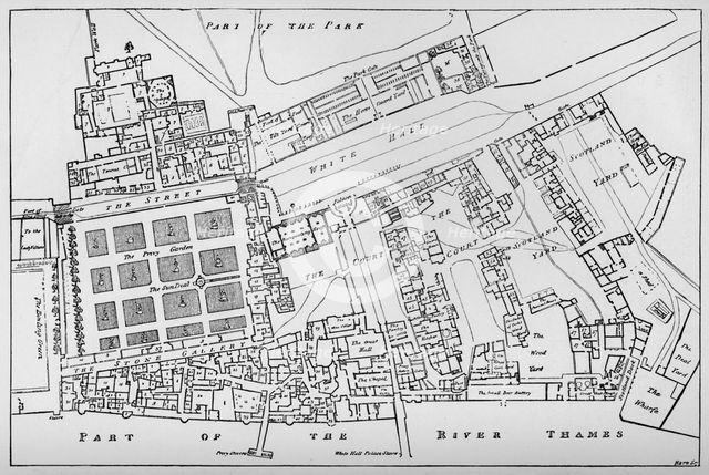 'A Reduced Copy of Fisher's Ground Plan of the Royal Palace of Whitehall, Taken in the Reign of Char Artist: William Patten.