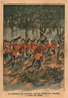 A regiment of English dragoons puts out a fire with sabre blows, 1914. Creator: Unknown