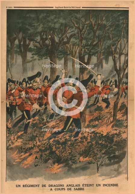 A regiment of English dragoons puts out a fire with sabre blows, 1914. Creator: Unknown.