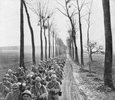 A regiment of French infantry going to the front, France, 30 March 1918