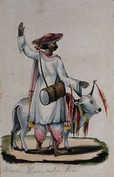 A religious man carrying a drum, standing next to a cow, (between 1800 and 1899?). Creator: Unknown