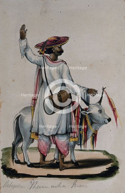 A religious man carrying a drum, standing next to a cow, (between 1800 and 1899?). Creator: Unknown.