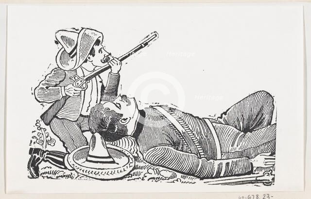 A revolutionary holding a rifle and kneeling to protect a fallen revolutionary, c..., ca. 1880-1910. Creator: José Guadalupe Posada.
