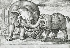 A Rhinoceros Fighting an Elephant, 1610. Creator: Hendrick Hondius I
