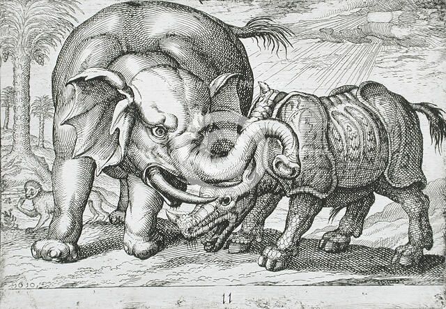 A Rhinoceros Fighting an Elephant, 1610. Creator: Hendrick Hondius I.