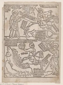 A Rider on a Black Horse with a Pair of Balances in His Hand; and A Pale Horse with D..., 1440-1450. Creator: Anon