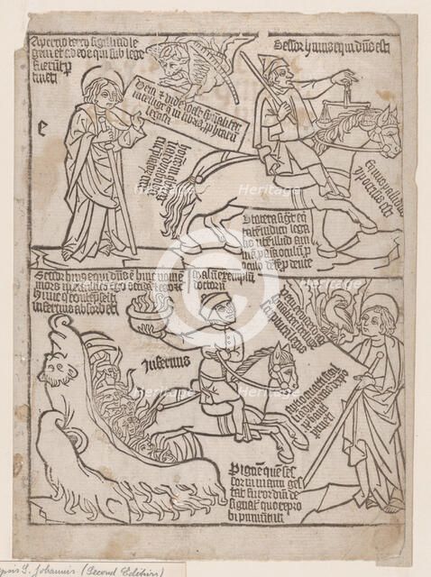 A Rider on a Black Horse with a Pair of Balances in His Hand; and A Pale Horse with D..., 1440-1450. Creator: Anon.