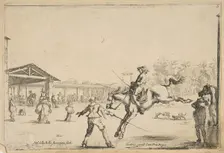 A riding school, a horseman with sword jumping directed by another man with a sword in..., ca. 1645. Creator: Stefano della Bella