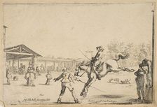 A riding school, a horseman with sword jumping directed by another man with a sword in..., ca. 1645. Creator: Stefano della Bella