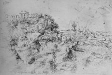 A River with a Canal Alongside and a Castle on a Hill c1480 (1945). Artist: Leonardo da Vinci
