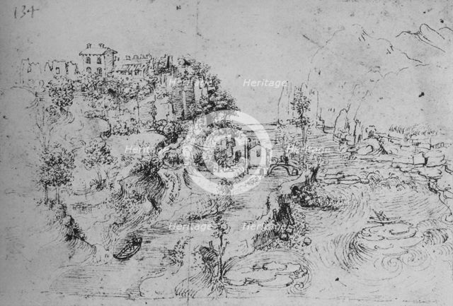'A River with a Canal Alongside and a Castle on a Hill', c1480 (1945). Artist: Leonardo da Vinci.
