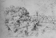 A River with a Canal Alongside and a Castle on a Hill c1480 (1945). Artist: Leonardo da Vinci