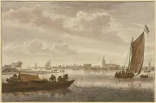 A river, bustling with ships and boatmen, with a small town nearby, mid-late 18th century. Creator: Cornelis van Noorde