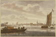 A river, bustling with ships and boatmen, with a small town nearby, mid-late 18th century. Creator: Cornelis van Noorde