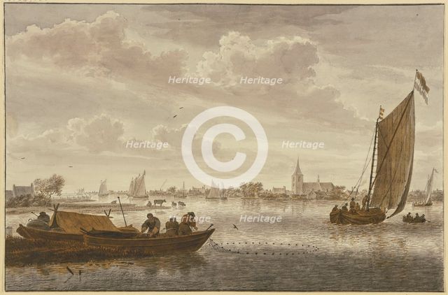A river, bustling with ships and boatmen, with a small town nearby, mid-late 18th century. Creator: Cornelis van Noorde.
