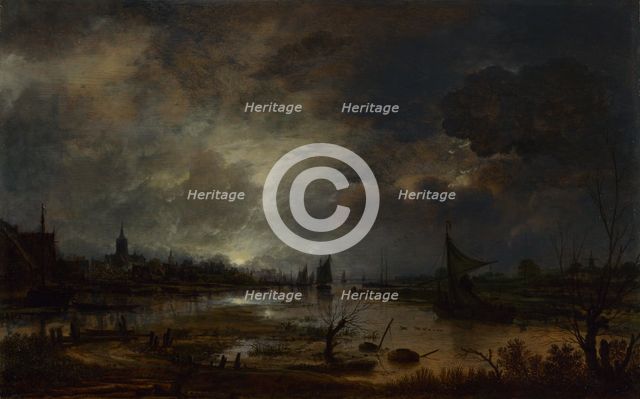 A River near a Town, by Moonlight, c. 1645. Artist: Neer, Aert, van der (1603-1677)