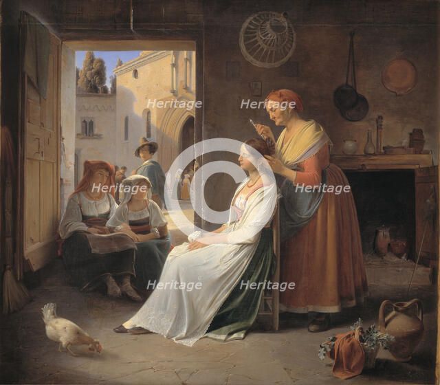 A Roman Woman Adorning Her Young Daughter, 1835. Creator: Albert Kuchler.