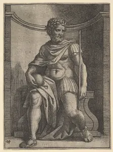 A Roman emperor sitting in a niche holding a globe and sceptre and looking to his..., ca. 1500-1534. Creator: Marcantonio Raimondi