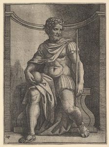 A Roman emperor sitting in a niche holding a globe and sceptre and looking to his..., ca. 1500-1534. Creator: Marcantonio Raimondi