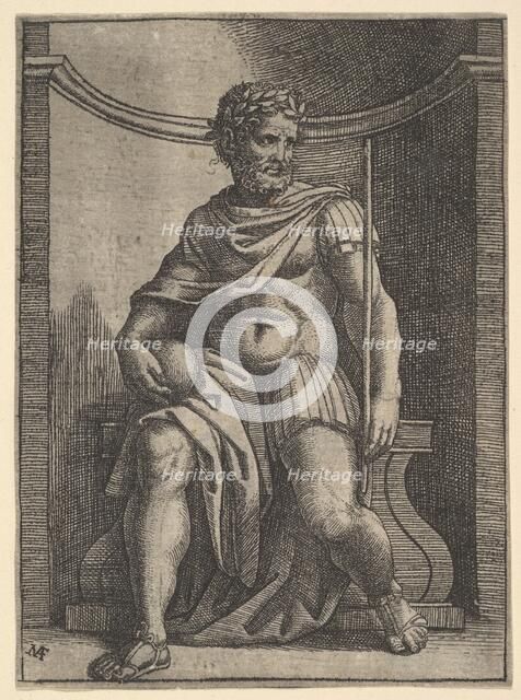 A Roman emperor sitting in a niche holding a globe and sceptre and looking to his..., ca. 1500-1534. Creator: Marcantonio Raimondi.
