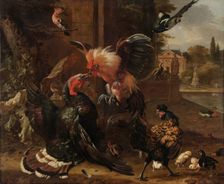 A Rooster and Turkey Fighting, c. 1680. Creator: Melchior de Hondecoeter (Dutch, 1636-1695)