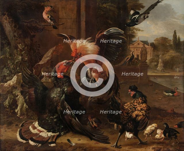 A Rooster and Turkey Fighting, c. 1680. Creator: Melchior de Hondecoeter (Dutch, 1636-1695).