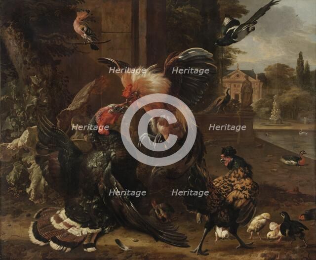 A Rooster and Turkey Fighting, c. 1680. Creator: Melchior de Hondecoeter (Dutch, 1636-1695).