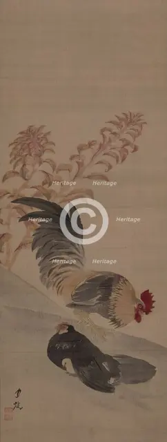 A rooster with a hen protecting a chick, near an amaranth plant, 19th century. Creator: Gessho; Cho (1772-1832).