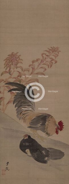 A rooster with a hen protecting a chick, near an amaranth plant, 19th century. Creator: Gessho; Cho (1772-1832).