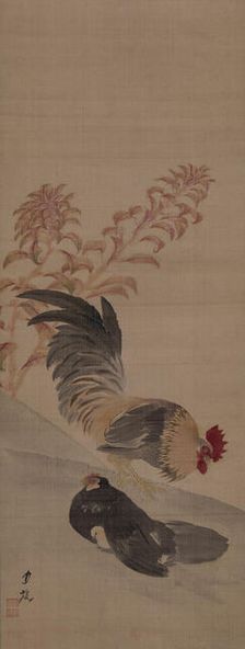 A rooster with a hen protecting a chick, near an amaranth plant, 19th century. Creator: Gessho; Cho (1772-1832)